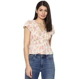 AMERICAN EAGLE Short Sleeve Smocked VNeck Crop Top Floral Y2K Cottage Size S NWT